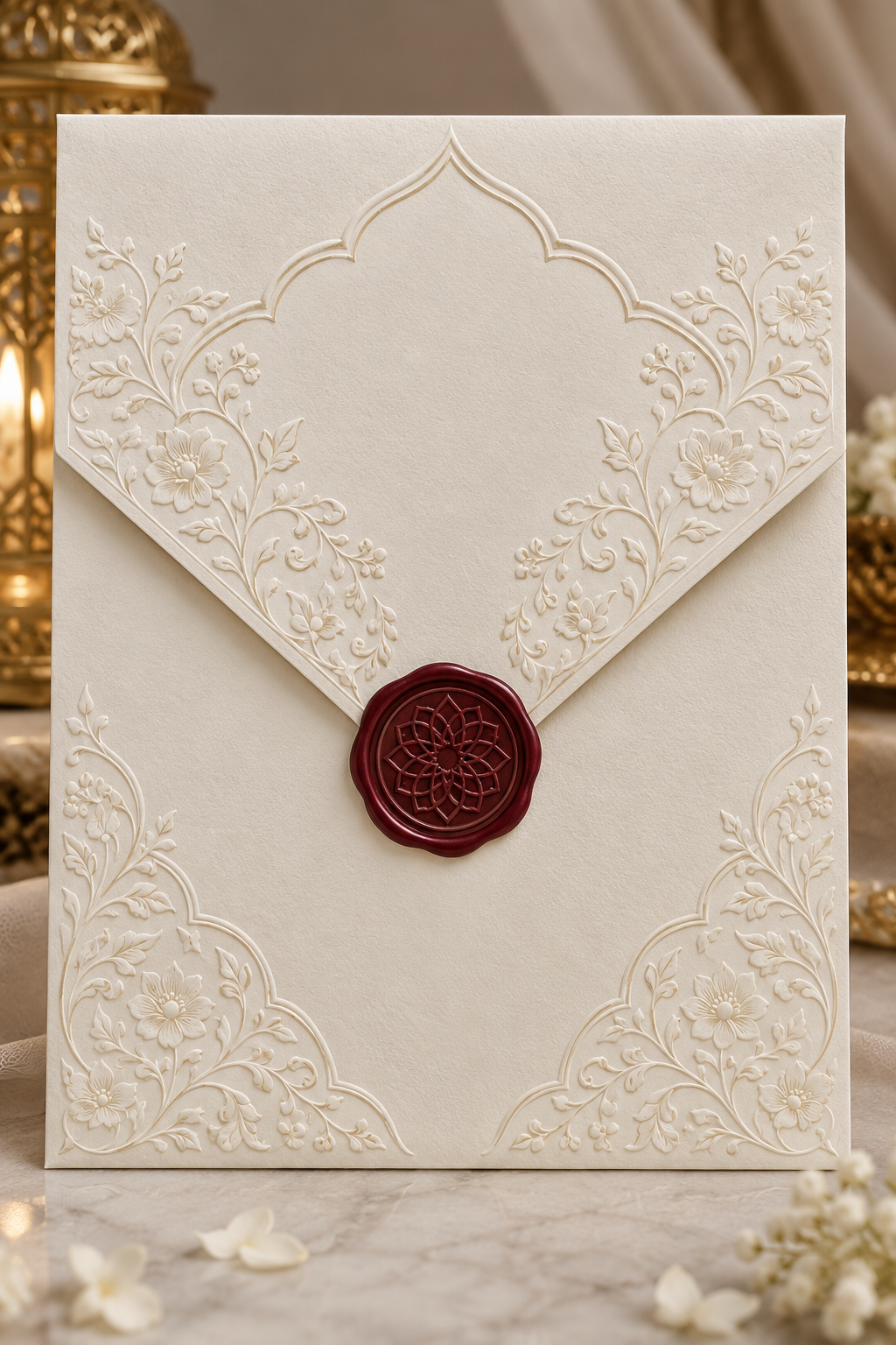 Ivory floral envelope with a burgundy wax seal